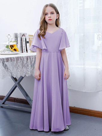 LilasRobe Fille Fleur Mousseline Volants Col V Manches Courtes Rose Lotus