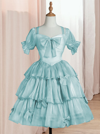 ライトグリーン ロリータOPドレスポリエステル半袖フリルリボンロリータワンピースドレス 甘い ピンク