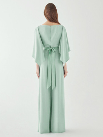 イブニングドレス ジャンプスーツ ジュエルネック ストレッチ クレープ フロアレングス サッシュ フォーマル ディナードレス