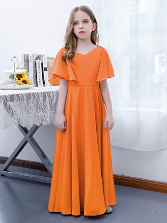 Orange Robe Fille Fleur Mousseline Volants Col V Manches Courtes Rose Lotus