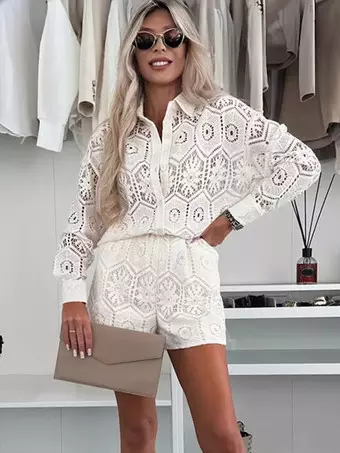 Camicia Pantaloncini Pizzo Bianco Set Coordinato Pezzi Con Camicia