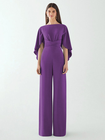 ラベンダーイブニングドレス ジャンプスーツ ジュエルネック ストレッチ クレープ フロアレングス サッシュ フォーマル ディナードレス