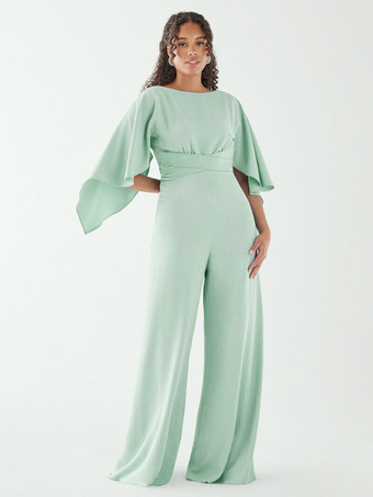 イブニングドレス ジャンプスーツ ジュエルネック ストレッチ クレープ フロアレングス サッシュ フォーマル ディナードレス