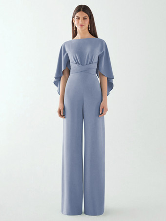 スレートグレー イブニングドレス ジャンプスーツ ジュエルネック ストレッチ クレープ フロアレングス サッシュ フォーマル ディナードレス