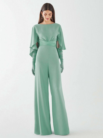 イブニングドレス ジャンプスーツ ジュエルネック ストレッチ クレープ フロアレングス サッシュ フォーマル ディナードレス