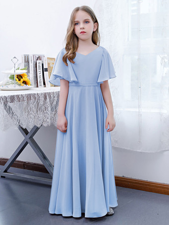 Bleu ClairRobe Fille Fleur Mousseline Volants Col V Manches Courtes Rose Lotus