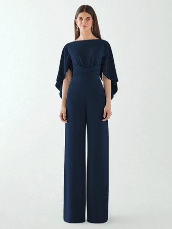 ダークネイビーイブニングドレス ジャンプスーツ ジュエルネック ストレッチ クレープ フロアレングス サッシュ フォーマル ディナードレス