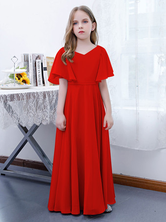 Rouge Robe Fille Fleur Mousseline Volants Col V Manches Courtes Rose Lotus