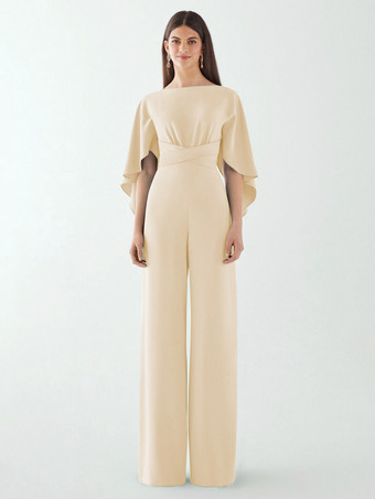 シャンパンイブニングドレス ジャンプスーツ ジュエルネック ストレッチ クレープ フロアレングス サッシュ フォーマル ディナードレス