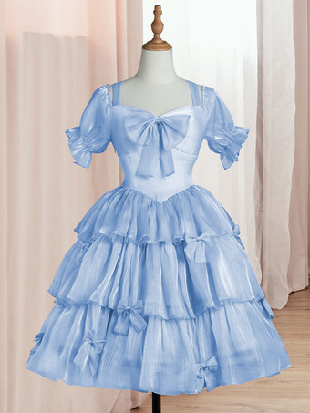 ライトスカイブルーロリータOPドレスポリエステル半袖フリルリボンロリータワンピースドレス 甘い ピンク