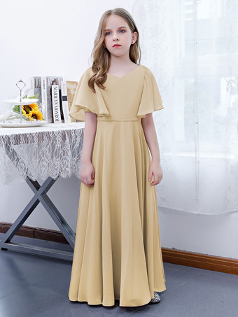 Champagne Robe Fille Fleur Mousseline Volants Col V Manches Courtes Rose Lotus