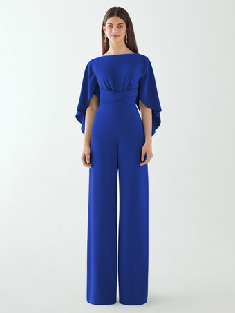 ロイヤルブルーイブニングドレス ジャンプスーツ ジュエルネック ストレッチ クレープ フロアレングス サッシュ フォーマル ディナードレス