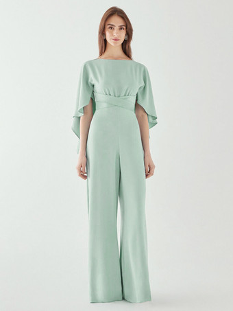 ミントグリーンイブニングドレス ジャンプスーツ ジュエルネック ストレッチ クレープ フロアレングス サッシュ フォーマル ディナードレス