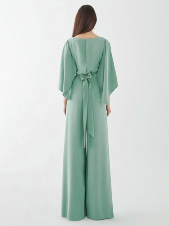 イブニングドレス ジャンプスーツ ジュエルネック ストレッチ クレープ フロアレングス サッシュ フォーマル ディナードレス