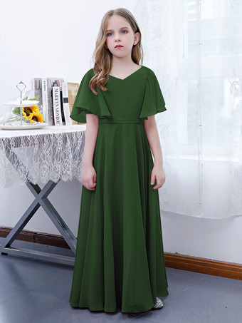 Vert foncéRobe Fille Fleur Mousseline Volants Col V Manches Courtes Rose Lotus