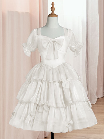 アイボリー ロリータOPドレスポリエステル半袖フリルリボンロリータワンピースドレス 甘い ピンク