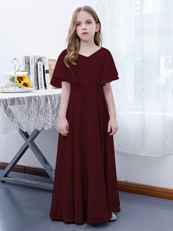 Bordeaux Robe Fille Fleur Mousseline Volants Col V Manches Courtes Rose Lotus