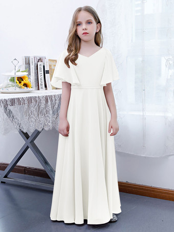 Ivoire Robe Fille Fleur Mousseline Volants Col V Manches Courtes Rose Lotus