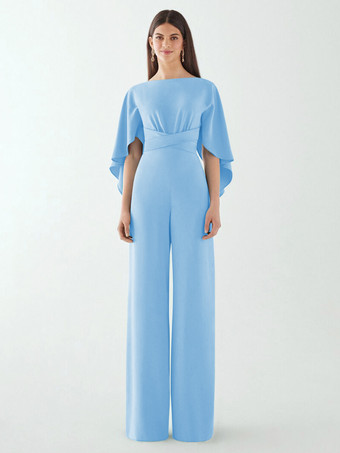 ベビーブルーイブニングドレス ジャンプスーツ ジュエルネック ストレッチ クレープ フロアレングス サッシュ フォーマル ディナードレス