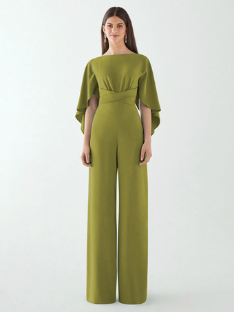 オリーブグリーンイブニングドレス ジャンプスーツ ジュエルネック ストレッチ クレープ フロアレングス サッシュ フォーマル ディナードレス
