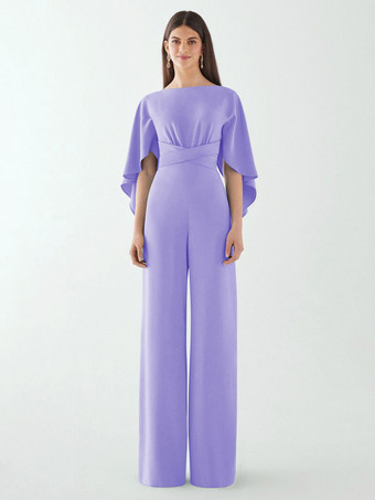 ライラックイブニングドレス ジャンプスーツ ジュエルネック ストレッチ クレープ フロアレングス サッシュ フォーマル ディナードレス
