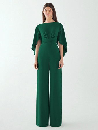 グリーン イブニングドレス ジャンプスーツ ジュエルネック ストレッチ クレープ フロアレングス サッシュ フォーマル ディナードレス