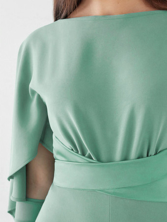 イブニングドレス ジャンプスーツ ジュエルネック ストレッチ クレープ フロアレングス サッシュ フォーマル ディナードレス