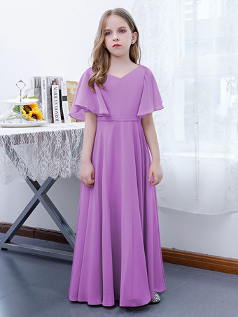 Lavande Robe Fille Fleur Mousseline Volants Col V Manches Courtes Rose Lotus