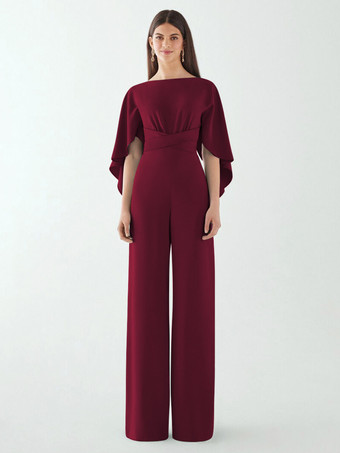 バーガンディーイブニングドレス ジャンプスーツ ジュエルネック ストレッチ クレープ フロアレングス サッシュ フォーマル ディナードレス