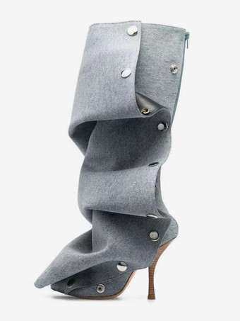 ライトグレー ニーハイブーツ レディース ポインテッドトゥ 取り外し可能なデザイン ハイヒール 膝丈ブーツ