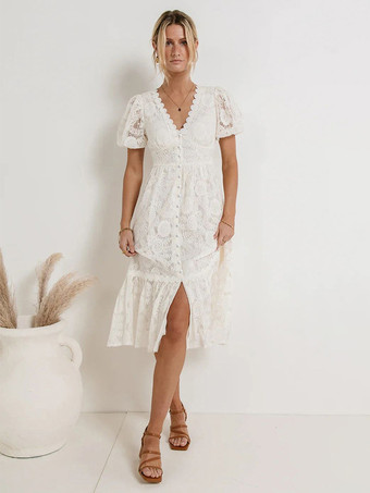 パフスリーブ、Vネックラインのレースミディドレス 2026