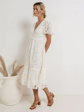 パフスリーブ、Vネックラインのレースミディドレス 2026