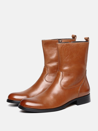 Men's Mid Calf Boots Cowhide Chic Coffee Brown Short Boots