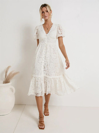 ホワイト パフスリーブ、Vネックラインのレースミディドレス 2026