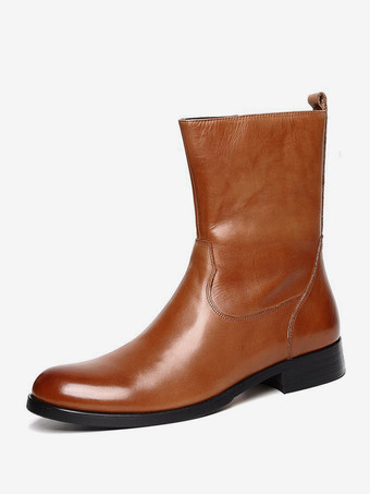 Coffee BrownMen's Mid Calf Boots Cowhide Chic Coffee Brown Short Boots