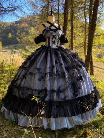 ゴシックロリータドレス レースフリル 花柄 かわいいプリンセスドレス ノースリーブ メッシュフリル ロングドレス