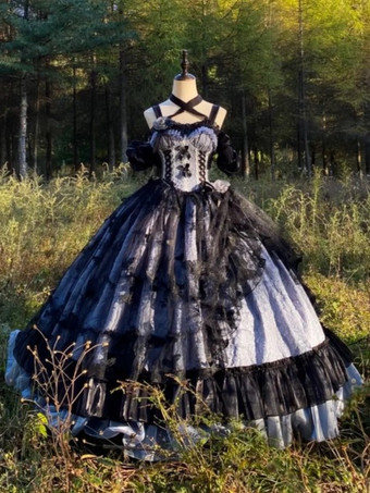 ゴシックロリータドレス レースフリル 花柄 かわいいプリンセスドレス ノースリーブ メッシュフリル ロングドレス