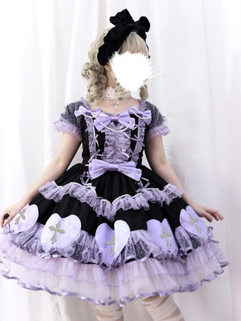 ハロウィン ゴシックロリータドレス リボン パール カラーブロック ピンク ライトスカイブルー