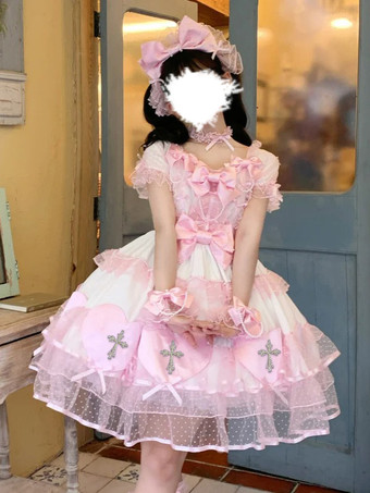 ピンクハロウィン ゴシックロリータドレス リボン パール カラーブロック ピンク ライトスカイブルー