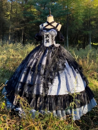 ゴシックロリータドレス レースフリル 花柄 かわいいプリンセスドレス ノースリーブ メッシュフリル ロングドレス