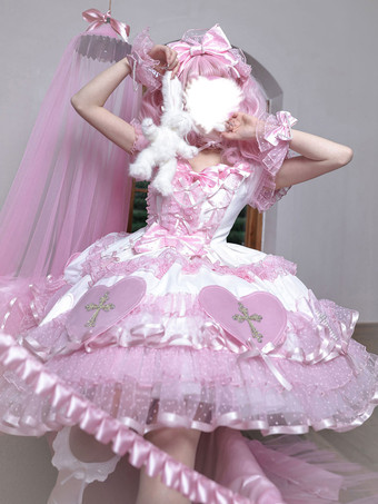 ハロウィン ゴシックロリータドレス リボン パール カラーブロック ピンク ライトスカイブルー