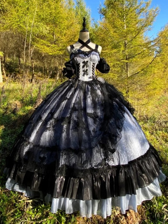 ゴシックロリータドレス レースフリル 花柄 かわいいプリンセスドレス ノースリーブ メッシュフリル ロングドレス