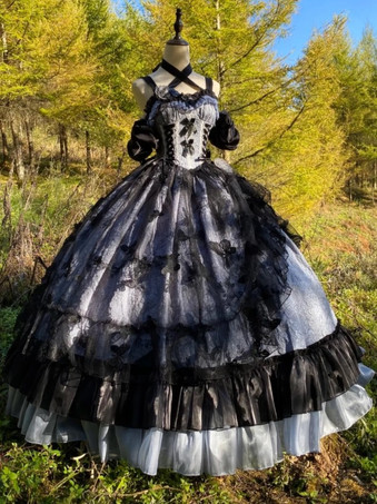 ゴシックロリータドレス レースフリル 花柄 かわいいプリンセスドレス ノースリーブ メッシュフリル ロングドレス