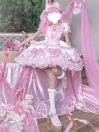 ハロウィン ゴシックロリータドレス リボン パール カラーブロック ピンク ライトスカイブルー