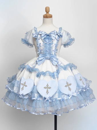 ハロウィン ゴシックロリータドレス リボン パール カラーブロック ピンク ライトスカイブルー