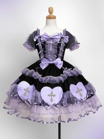 ハロウィン ゴシックロリータドレス リボン パール カラーブロック ピンク ライトスカイブルー