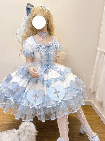 ハロウィン ゴシックロリータドレス リボン パール カラーブロック ピンク ライトスカイブルー