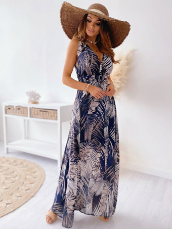 マキシドレス ノースリーブ ホワイト プリント Vネック マキシ ドローストリング フロアレングス ドレス