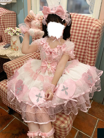 ハロウィン ゴシックロリータドレス リボン パール カラーブロック ピンク ライトスカイブルー