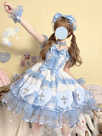 ライトスカイブルーハロウィン ゴシックロリータドレス リボン パール カラーブロック ピンク ライトスカイブルー